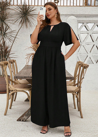 Комбинезон SHEIN комбинезон-брюки однотонный чёрный праздничный, вечерний, кэжуал полиэстер