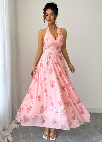 Розовое вечернее платье силуэтная, с юбкой-солнце, с открытой спиной SHEIN розы