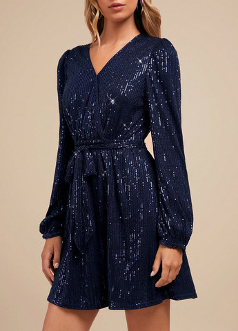 Темно-синее коктейльное платье клеш, на запах SHEIN однотонное