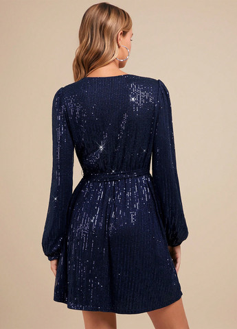 Темно-синее коктейльное платье клеш, на запах SHEIN однотонное