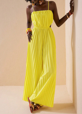 Комбінезон SHEIN комбінезон-брюки однотонний жовтий святковий, кежуал поліестер