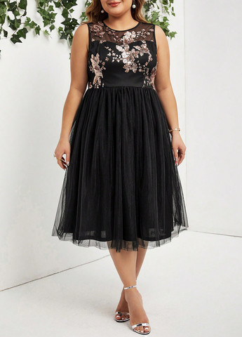 Чорна коктейльна, кежуал сукня з пишною спідницею, кльош SHEIN з квітковим принтом