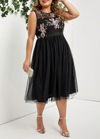 Чорна коктейльна, кежуал сукня з пишною спідницею, кльош SHEIN з квітковим принтом