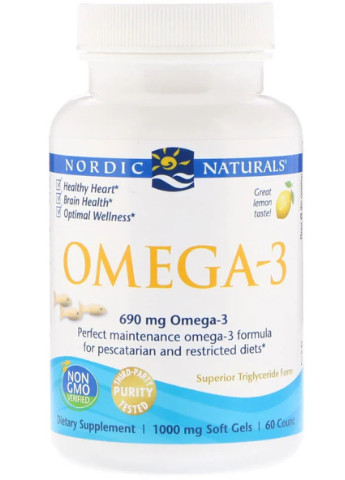 Омега-3, Вкус Лимона,, Omega-3, Lemon, 1000 мг, 60 гелевых капсул Nordic Naturals (228292182)