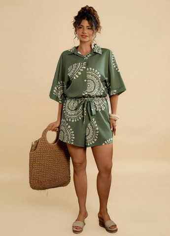 Комбінезон SHEIN комбінезон-шорти малюнок зелений кежуал поліестер