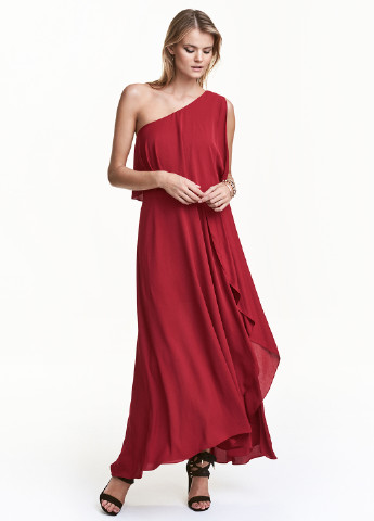 Бордовое вечернее платье с открытыми плечами H&M однотонное