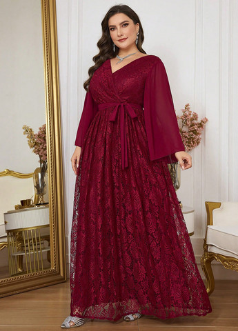 Бордовое вечернее платье в стиле ампир SHEIN однотонное