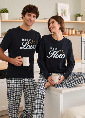 Темно-синя всесезон піжами (лонгслів, штани) лонгслів + брюки SHEIN