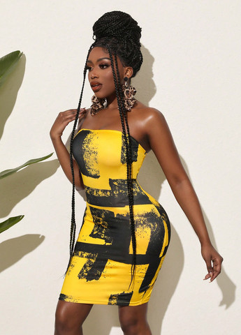 Желтое кэжуал платье бандо, силуэтная SHEIN с абстрактным узором