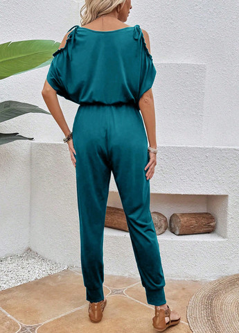 Комбинезон SHEIN комбинезон-брюки однотонный темно-бирюзовый кэжуал полиэстер