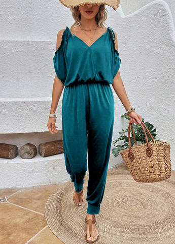 Комбинезон SHEIN комбинезон-брюки однотонный темно-бирюзовый кэжуал полиэстер