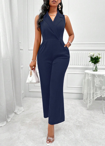 Комбінезон SHEIN комбінезон-брюки однотонний темно-синій кежуал поліестер