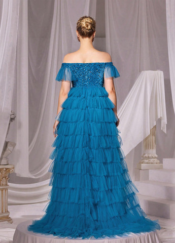 Морської хвилі вечірня сукня з спідницею-сонце, з відкритими плечима, в стилі армпір SHEIN однотонна