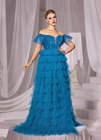 Морської хвилі вечірня сукня з спідницею-сонце, з відкритими плечима, в стилі армпір SHEIN однотонна