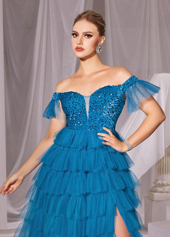 Морської хвилі вечірня сукня з спідницею-сонце, з відкритими плечима, в стилі армпір SHEIN однотонна