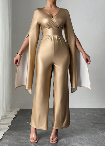 Комбинезон SHEIN комбинезон-брюки однотонный золотой вечерний полиэстер