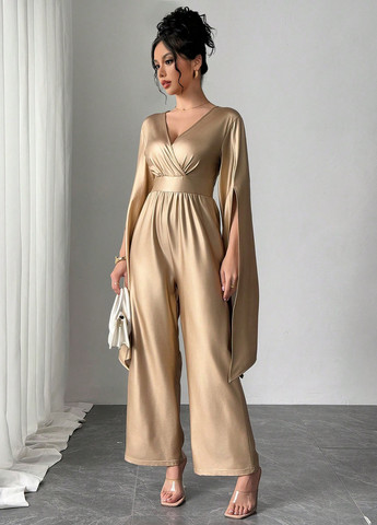 Комбинезон SHEIN комбинезон-брюки однотонный золотой вечерний полиэстер