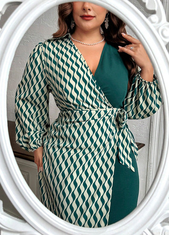 Темно-зелена кежуал, ділова сукня на запах SHEIN з геометричним візерунком