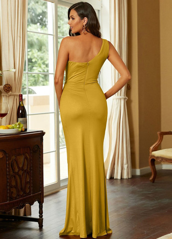 Гірчична вечірня сукня на запах, на одне плече SHEIN однотонна