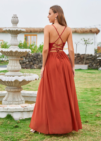 Терракотовое вечернее платье с юбкой-солнце, в стиле ампир, с открытой спиной SHEIN однотонное