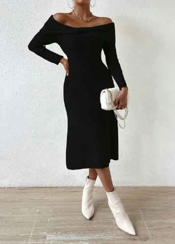 Чорна кежуал сукня з відкритими плечима SHEIN однотонна