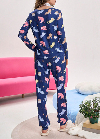 Темно-синяя всесезон пижама (лонгслив, брюки) лонгслив + брюки SHEIN