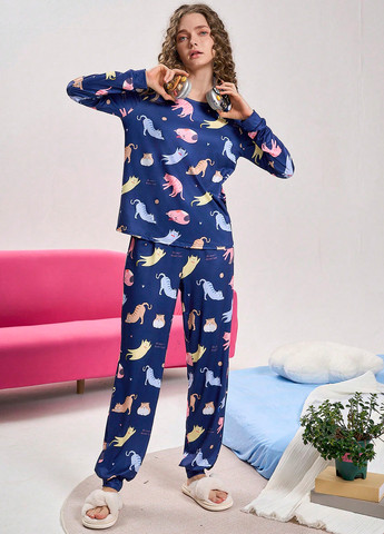 Темно-синяя всесезон пижама (лонгслив, брюки) лонгслив + брюки SHEIN