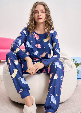 Темно-синяя всесезон пижама (лонгслив, брюки) лонгслив + брюки SHEIN