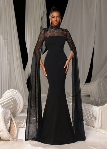 Черное вечернее платье годе, платье-кейп SHEIN однотонное