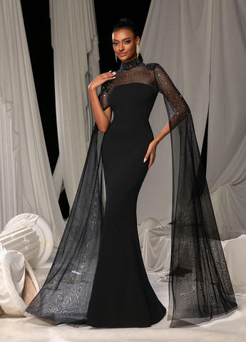 Черное вечернее платье годе, платье-кейп SHEIN однотонное