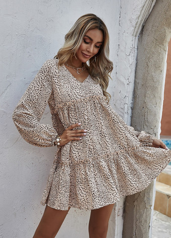 Кремовое кэжуал платье а-силуэт SHEIN с животным (анималистичным) принтом