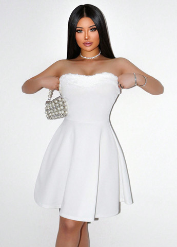 Белое праздничный, коктейльное платье бандо SHEIN однотонное