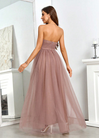 Светло-розовое праздничный, вечернее платье с пышной юбкой, а-силуэт, бандо, с открытой спиной SHEIN однотонное