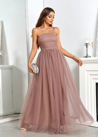 Светло-розовое праздничный, вечернее платье с пышной юбкой, а-силуэт, бандо, с открытой спиной SHEIN однотонное
