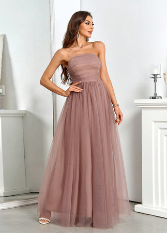 Светло-розовое праздничный, вечернее платье с пышной юбкой, а-силуэт, бандо, с открытой спиной SHEIN однотонное