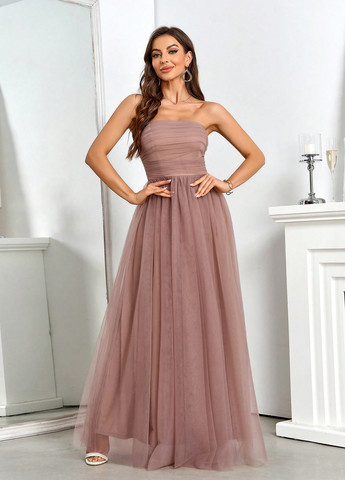 Светло-розовое праздничный, вечернее платье с пышной юбкой, а-силуэт, бандо, с открытой спиной SHEIN однотонное