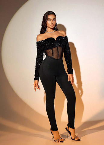 Комбінезон SHEIN комбінезон-брюки однотонний чорний вечірній поліестер