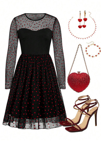 Черное кэжуал платье а-силуэт SHEIN сердечки