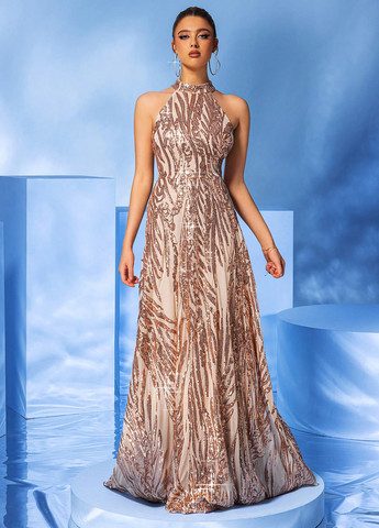 Світло-бежева святковий, вечірня сукня зі шлейфом, а-силует SHEIN з малюнком