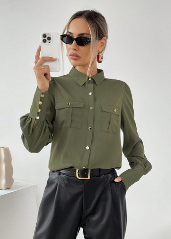 Оливковковая (хаки) кэжуал рубашка однотонная SHEIN