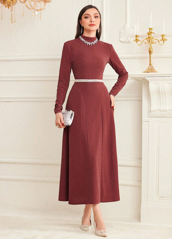 Бордовое праздничный, вечернее, кэжуал платье клеш SHEIN меланжевое