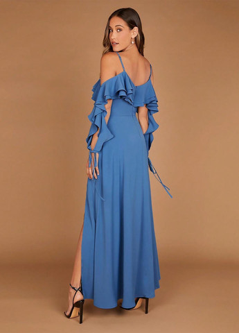 Синее праздничный платье с открытыми плечами SHEIN однотонное