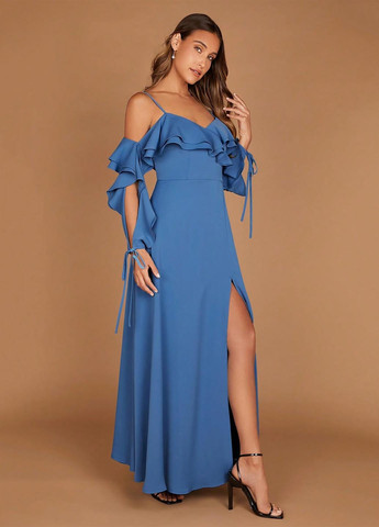 Синее праздничный платье с открытыми плечами SHEIN однотонное