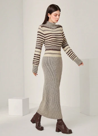 Сіро-бежева кежуал сукня сукня светр, сукня-водолазка, силуетна SHEIN в смужку
