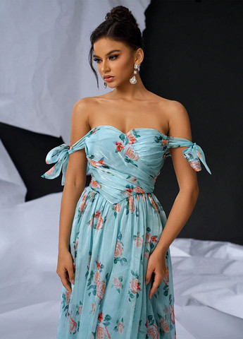 Світло-бірюзова вечірня, святковий сукня з пишною спідницею, з відкритими плечима SHEIN з квітковим принтом