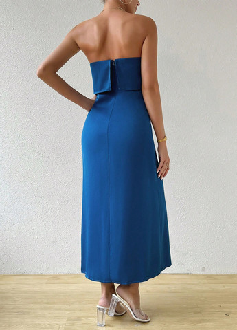 Синее коктейльное, кэжуал платье с открытыми плечами SHEIN однотонное