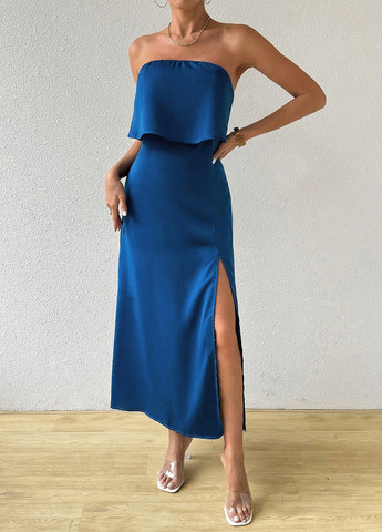 Синее коктейльное, кэжуал платье с открытыми плечами SHEIN однотонное