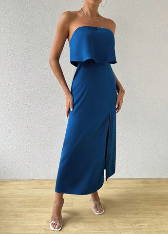 Синее коктейльное, кэжуал платье с открытыми плечами SHEIN однотонное