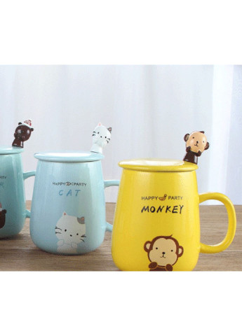 Кружка с крышкой и ложкой Мартышка 6969 400 мл желтая No Brand (253669139)