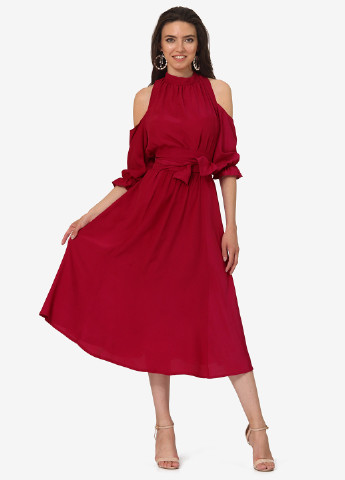 Темно-красное кэжуал платье клеш, с открытыми плечами Lila Kass однотонное